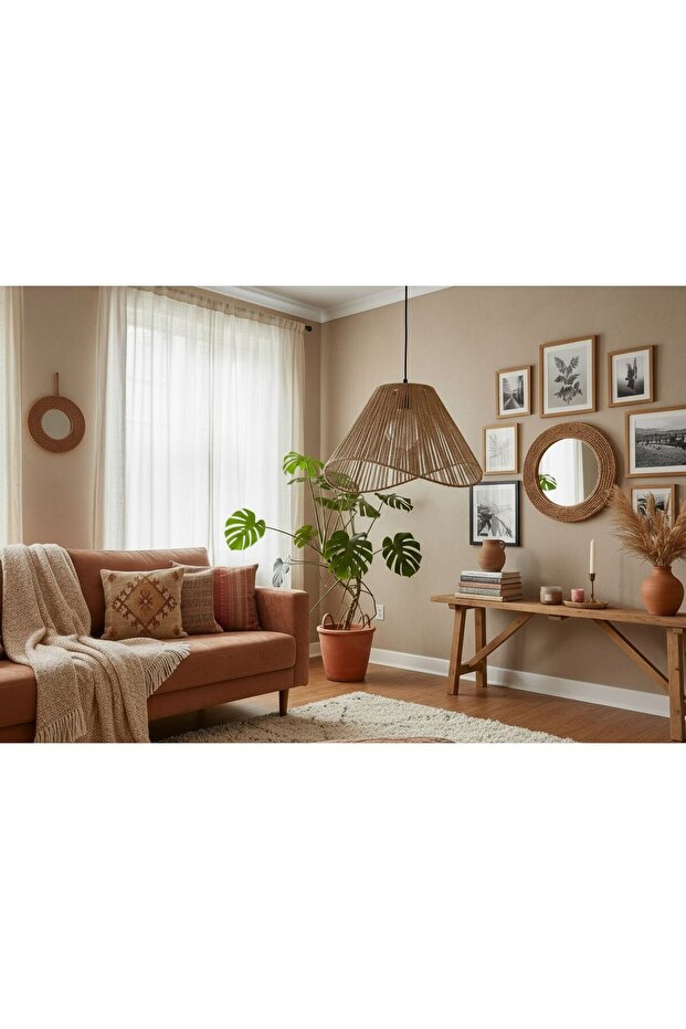 El Yapımı Jüt Makrome Avize - Rustik Bohem Tarz Dekoratif Sarkıt - Duy Dahil - 4