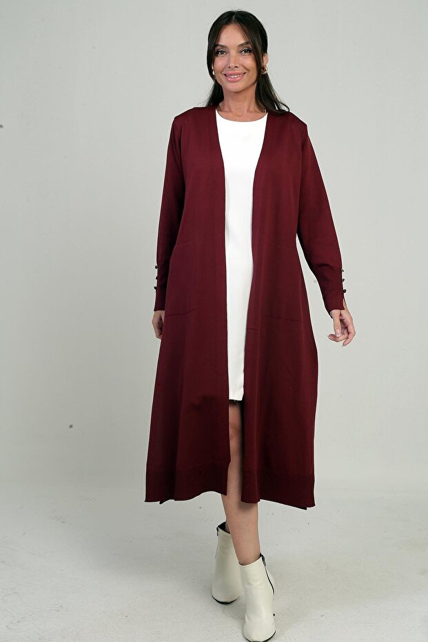 Women's Long Cardigan with Button Detail on the Sleeves, Pockets, and Side Slits