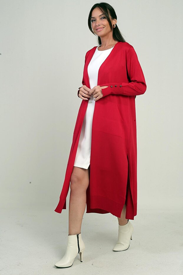 Women's Long Cardigan with Button Detail on the Sleeves, Pockets, and Side Slits