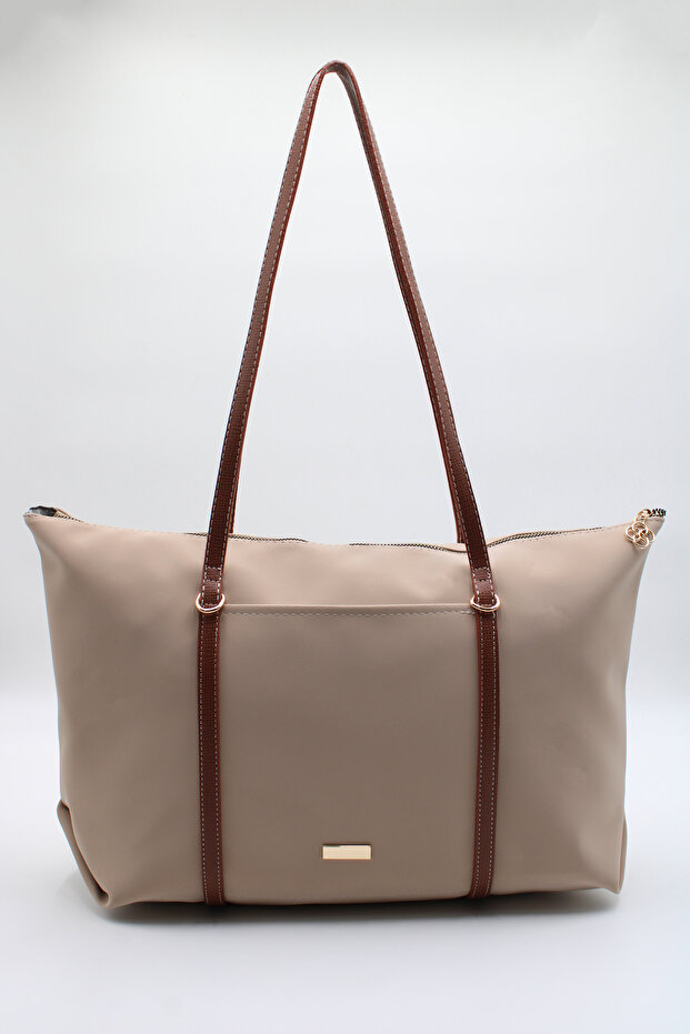 Women's Beige Large Size Satin Fabric Large Internal Volume Lined Hand, Arm and Shoulder Bag