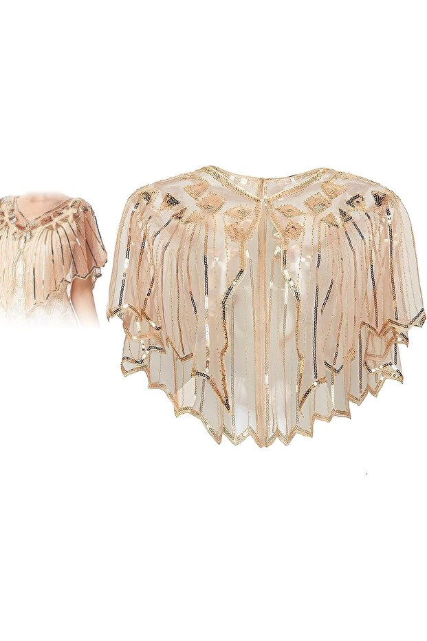 Sequin Shawl - 1920s Sequin Beaded Evening Bridal Wrap with Metal Hook Closure - 1