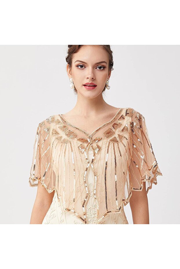 Sequin Shawl - 1920s Sequin Beaded Evening Bridal Wrap with Metal Hook Closure - 6