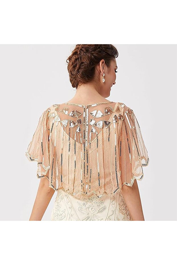 Sequin Shawl - 1920s Sequin Beaded Evening Bridal Wrap with Metal Hook Closure - 5