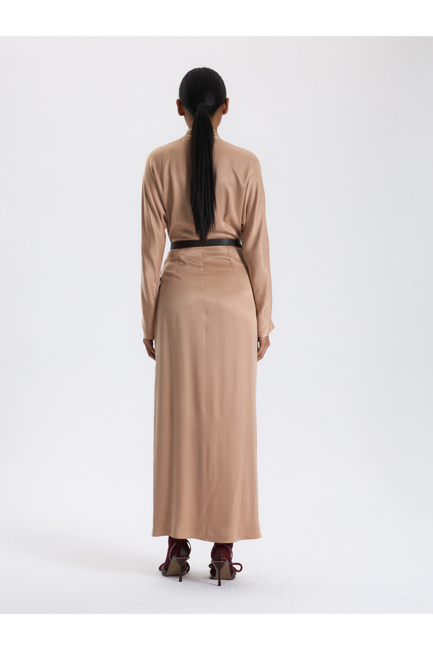 Bej Drapeli Uzun Elbise - 3