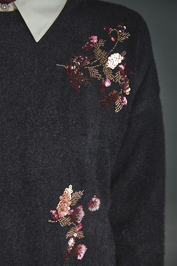 Boncuk Çiçekli Triko Tunik - 5