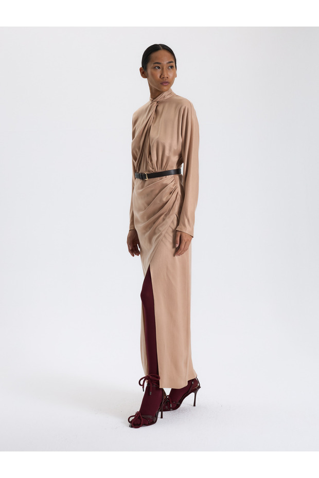 Bej Drapeli Uzun Elbise - 4