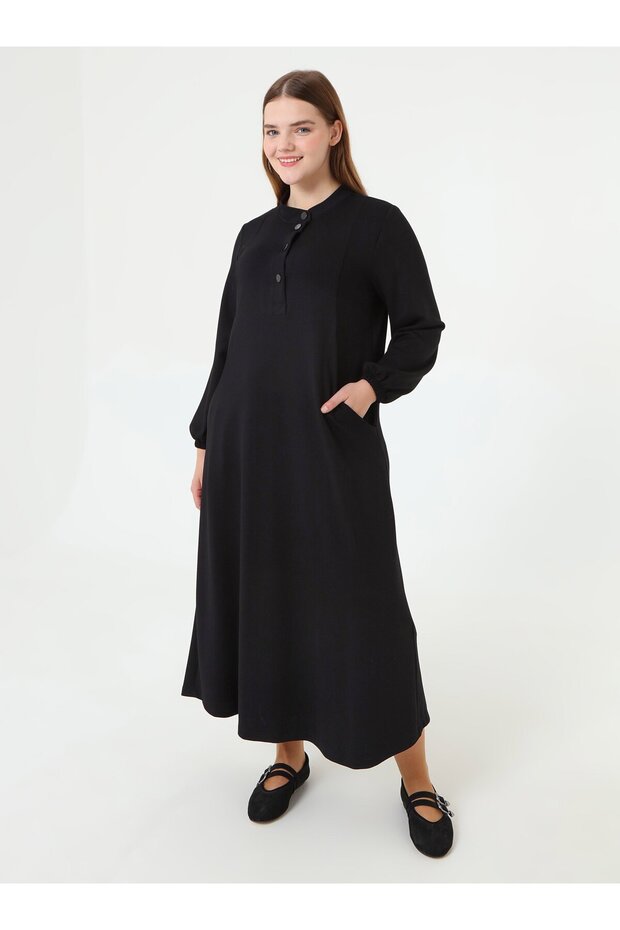 Soft Button Detail Plus Size Dress - Black -