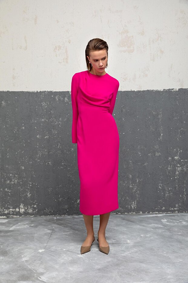 DRAPELİ MİDİ ELBİSE 26W40829 - 2