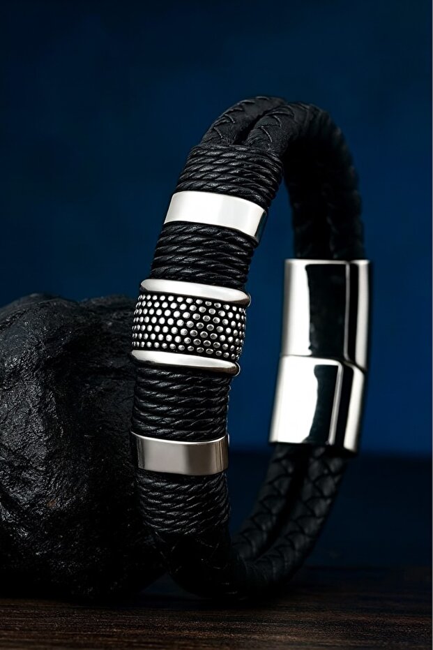 Men's Black Leather Bracelet with Steel Detailing Weave Design for Stylish and Everyday Combinations