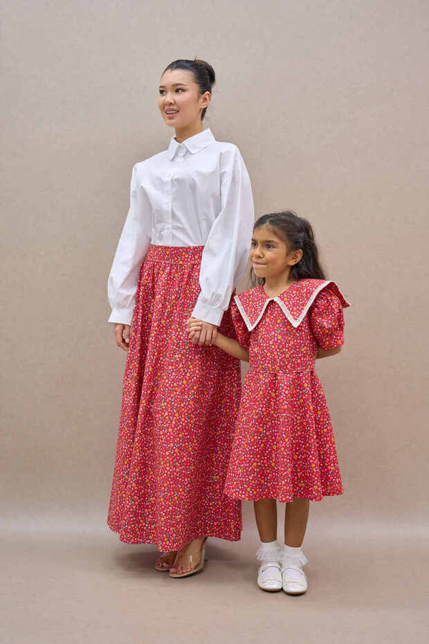 Red Floral Balloon Skirt and Girl's Vintage Collar Dress Mother-Daughter Combination (Sold as a Single Item)