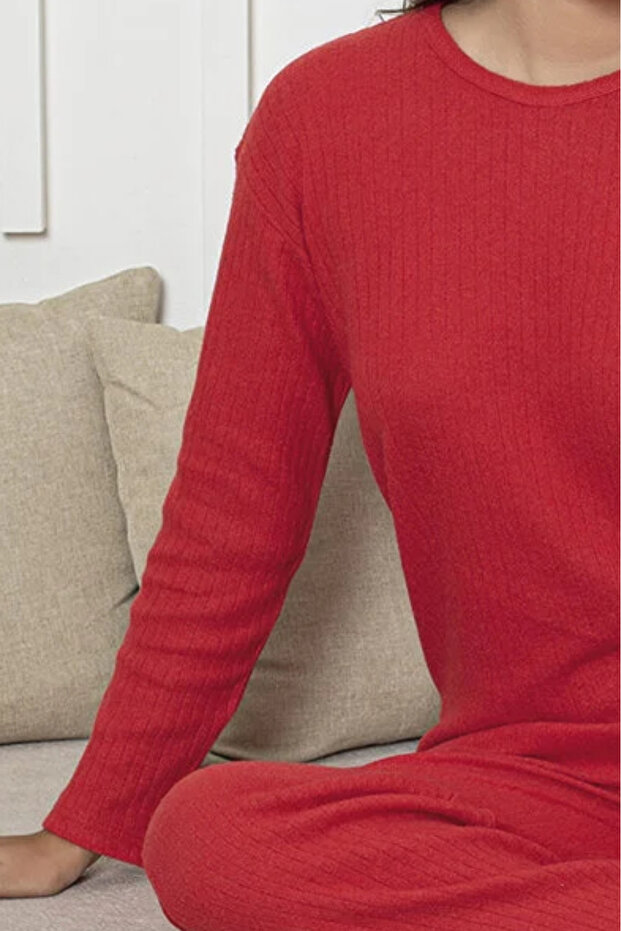 Pamuklu Kalın Kışlık İnterlok Şeritli Uzun Kollu Örme Pijama Takımı - 3