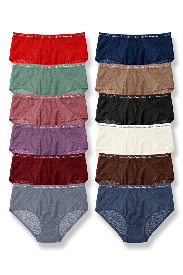 12-Pack Leopard Lace Tulle Detailed and Love Elastic High-Waisted Women's Panties