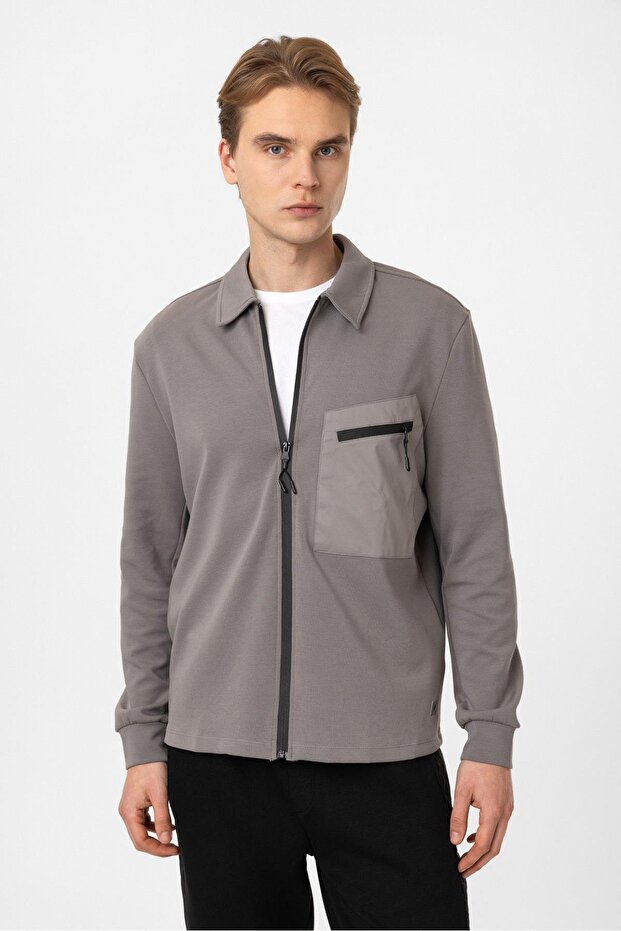 Regular Fit Fermuarlı Örme Gömlek - 1