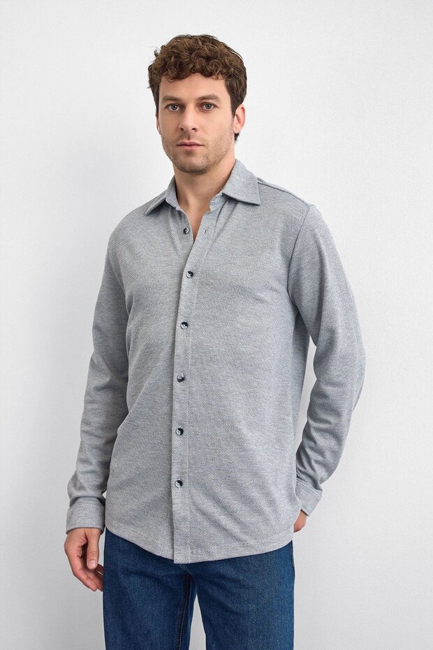 Gri Regular Fit Örme Gömlek - 2