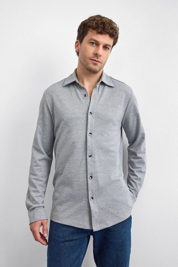 Gri Regular Fit Örme Gömlek - 3