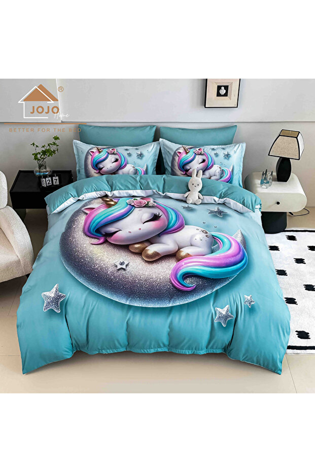 5D bedding set, 6 pieces, with elastic, Digital print, with elastic, 180x200cm, Unicorn - 1