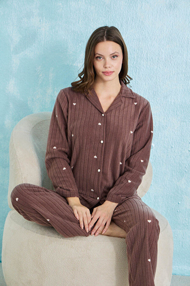 Corded Fabric Heart Patterned Buttoned Fleece Pajama Set