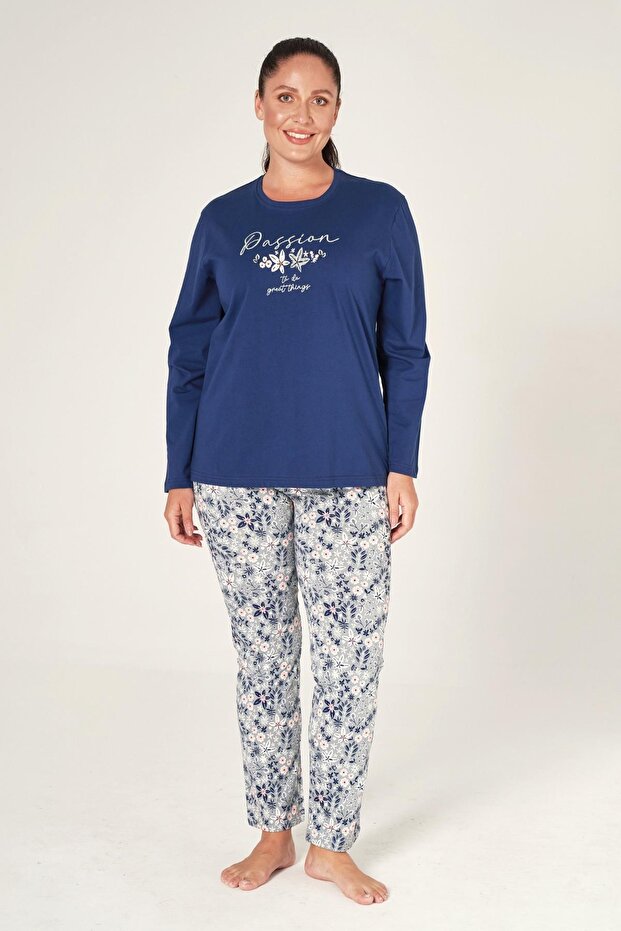 Plus Size Women's Navy Blue Long Sleeve 100% Cotton Pajama Set Comfortable and Soft Texture