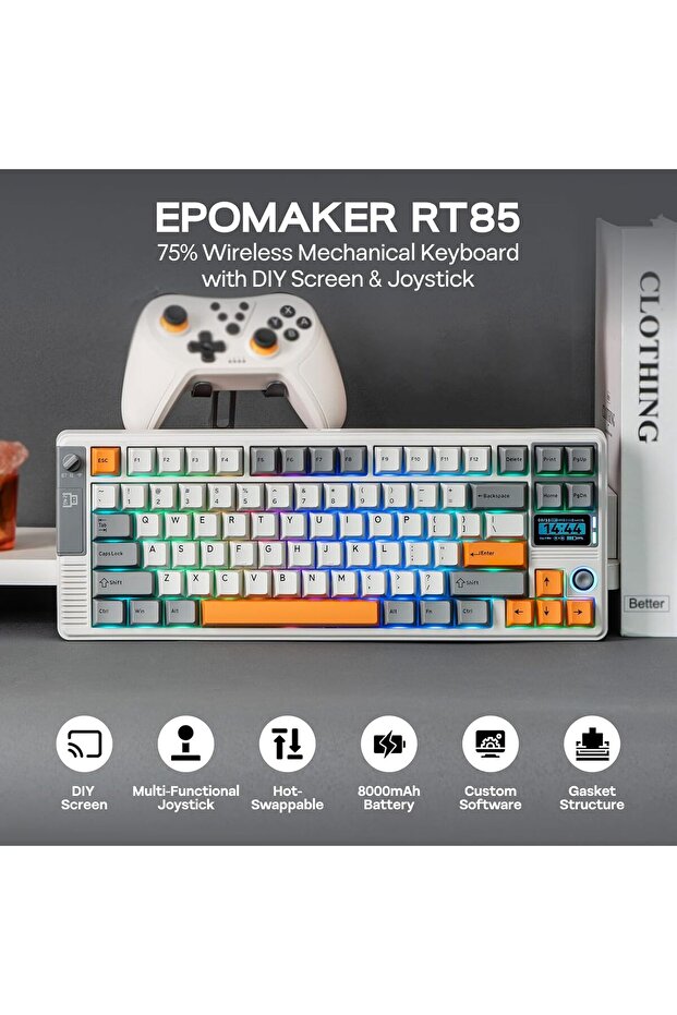 RT85 Wireless Mechanical Keyboard with Joystick & DIY Screen, 8000mAh, 75% (Retro White) - 2