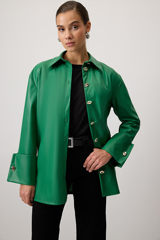 Faux Leather Shirt with Wide Cuffs