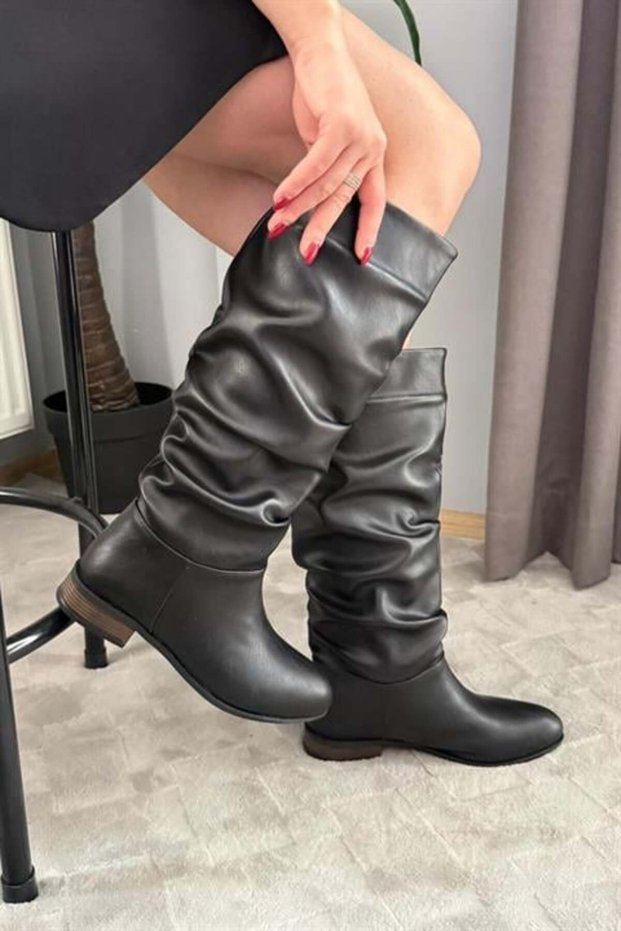 Women's Mika Black Leather Flat Sole Drawstring Below-Knee Length Boots