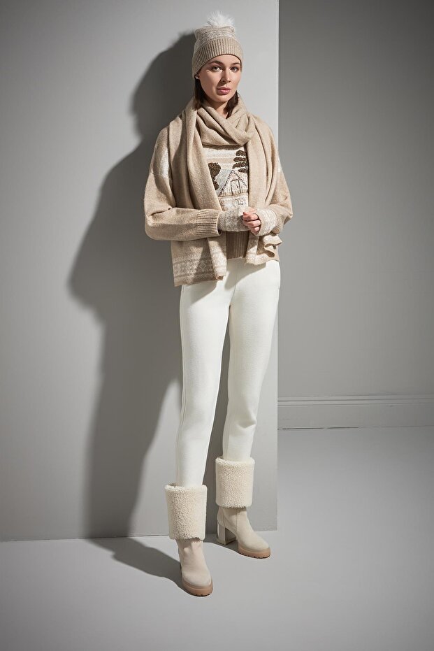 Desenli Bej Triko Bere - 5