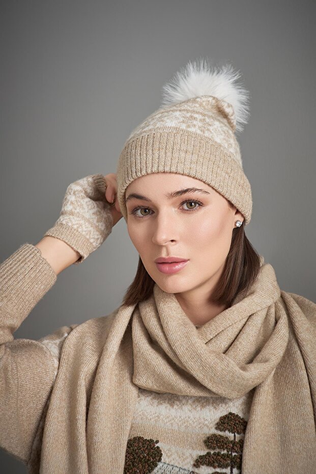 Desenli Bej Triko Bere - 1