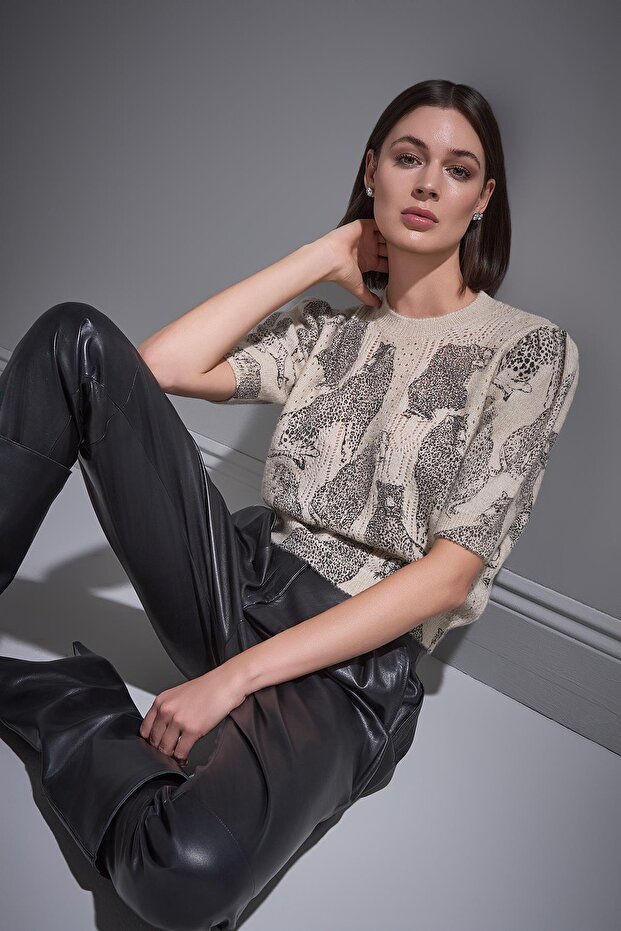 Kaplan Baskılı Kısa Kollu Multi Triko Kazak - 1