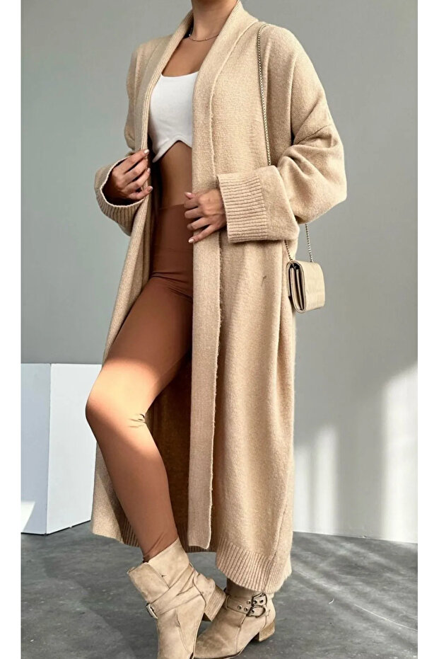 Women's Beige Shawl Collar Long Knit Cardigan | Oversized & Comfortable Model