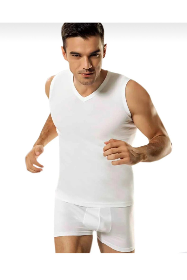 Men's Ribbed Fabric Cotton Zero Sleeve V-Neck T-Shirt 2 Pieces
