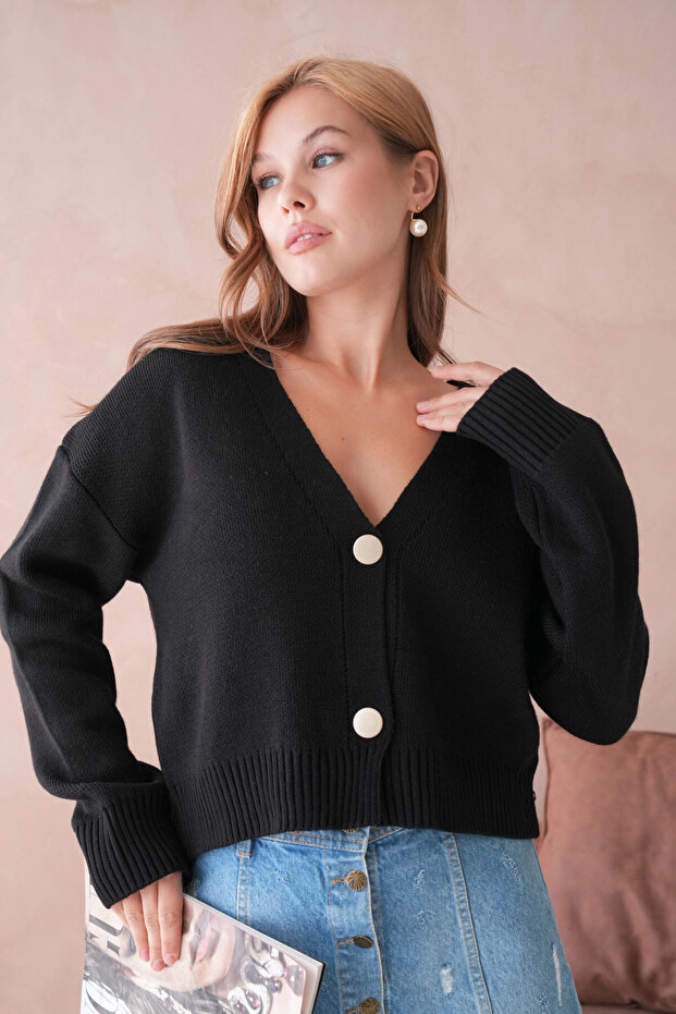 Women's Polo Collar Button Detail Oversized Knitwear Cardigan