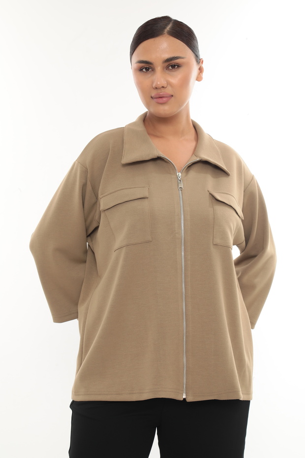 Plus Size (50-56) Shirt Collar Pocketed Three Quarter Sleeve Zippered Knitwear Women's Blouse