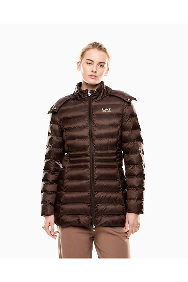 Women's Reversible Zipper Detachable Hood Long Sleeve Puffer Brown Coat
