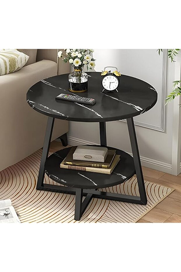 Coffee Table 2-Tier Round Marble Pattern Side Table - Black - 5