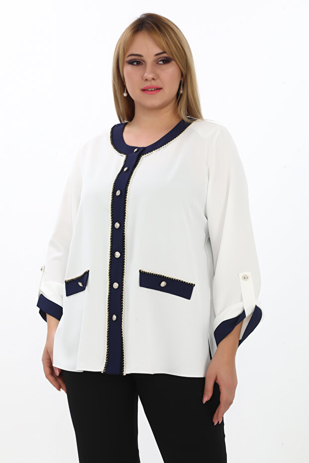 Plus Size (50-56) Chanel Button Detail Crew Neck Long Sleeve Women's Blouse