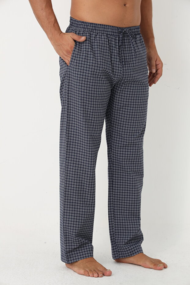 Men's Cotton Pocketed Plaid Elastic Waist Pajama Bottoms / Navy Blue 604