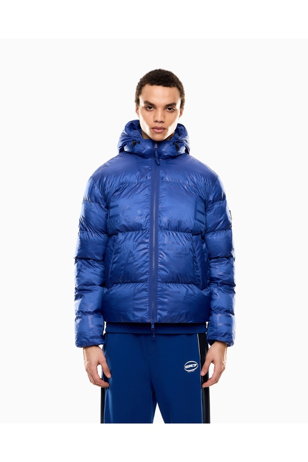 Men's Hooded Collar Long Sleeve Zipper Closure Pocket Detail Blue Coat