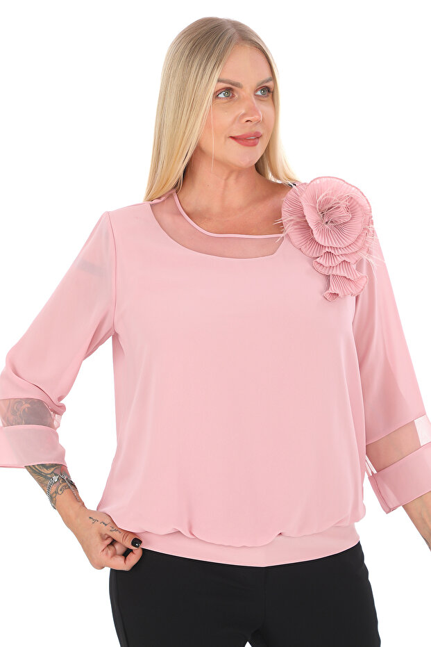 Plus Size (50-56) Sandy Chiffon Tulle Neckline 3D Flower Accessory Elastic Waist Stylish Women's Blouse