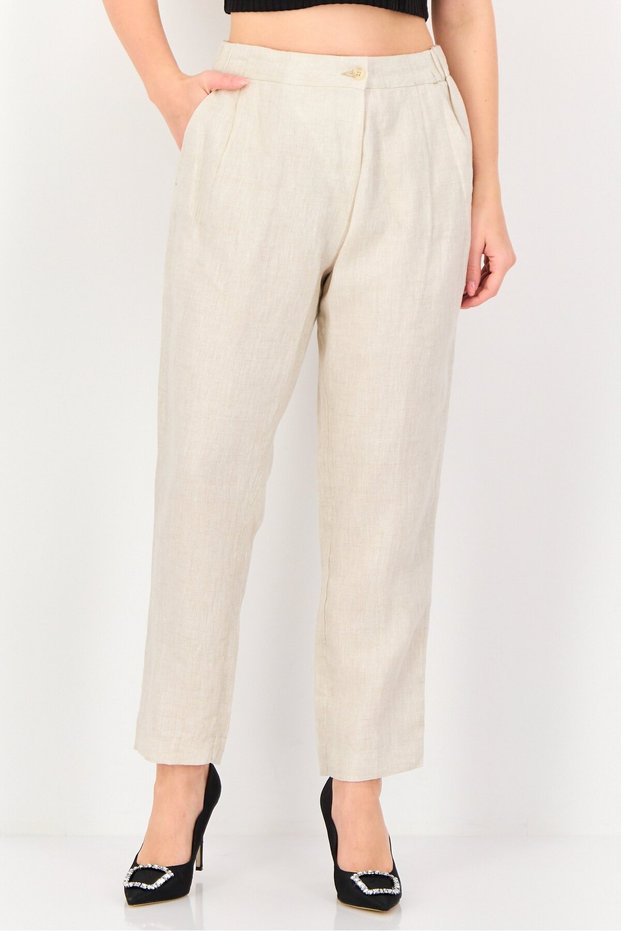 Women Cigarette Fit Metallic Straight Leg Pants, Beige