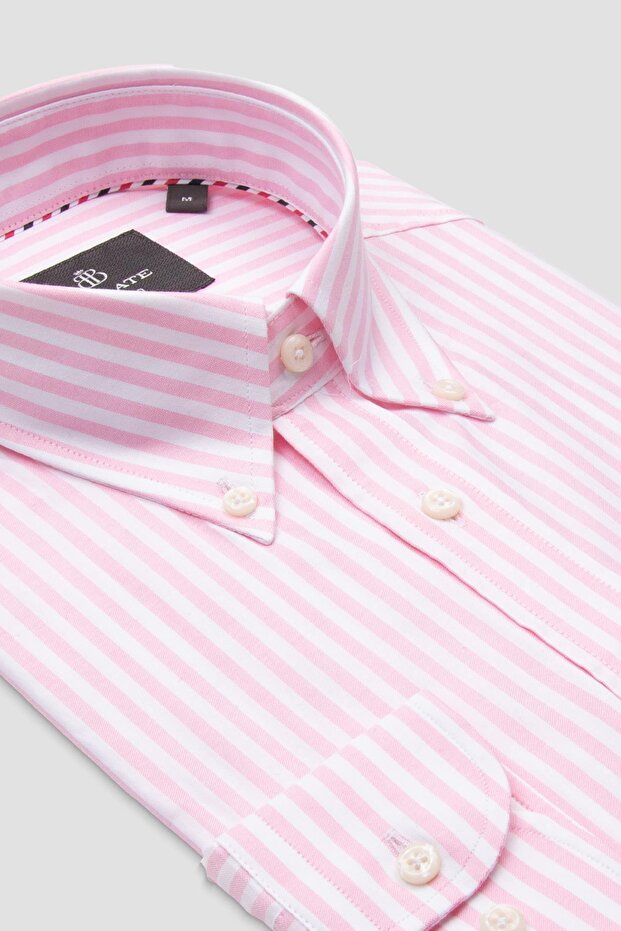 Luca Oxford Cotton Comfort Fit Pink Button down Collar Men's Striped Shirt