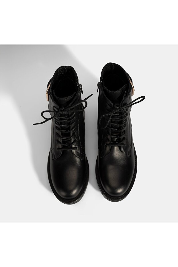 Kadın Siyah Bağcıklı Deri Postal Bot - 7