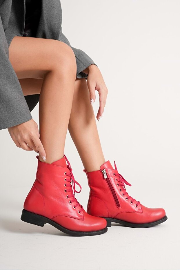 Women's Genuine Leather Lace-Up and Zippered Boots - Red
