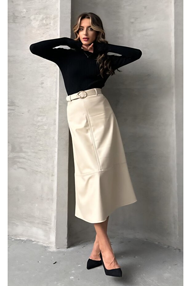 Kemerli Suni Deri Basic Etek - 2