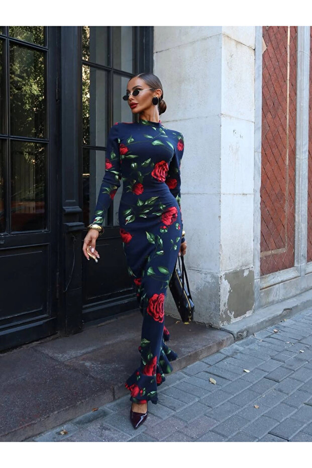 Turtleneck Patterned Maxi Dress - 6