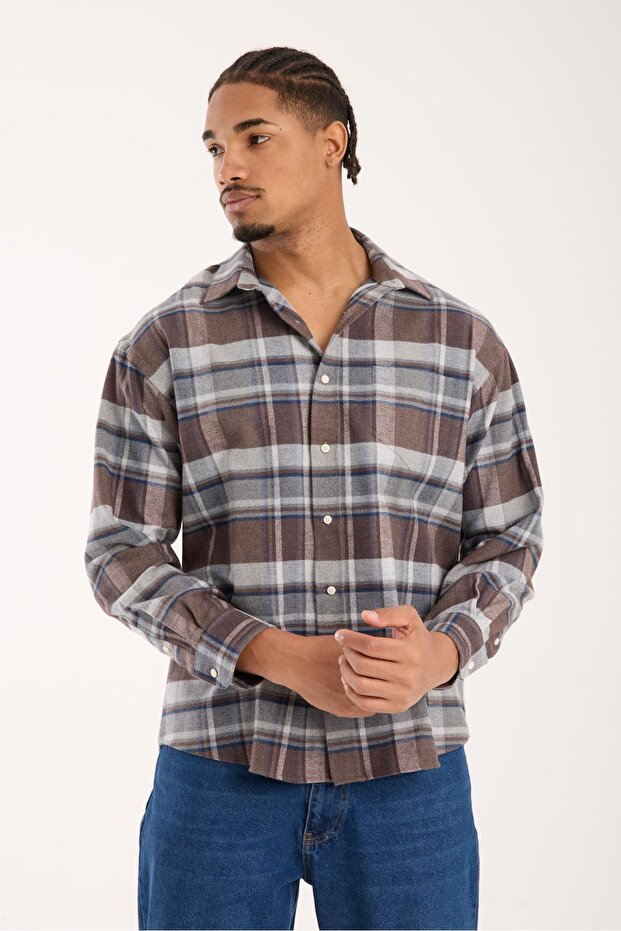 Bb Club Rio Flannel Cotton Oversized Fit Brown Classic Collar Men's Plaid Shirt