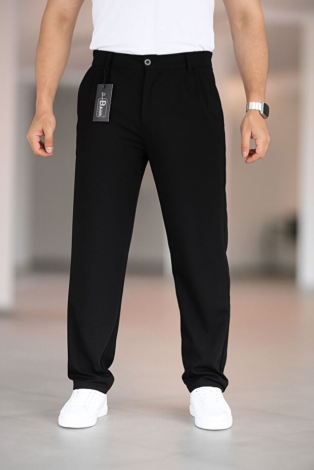 Double Pleated Black Knitted Baggy Pants with Half Elastic Waist