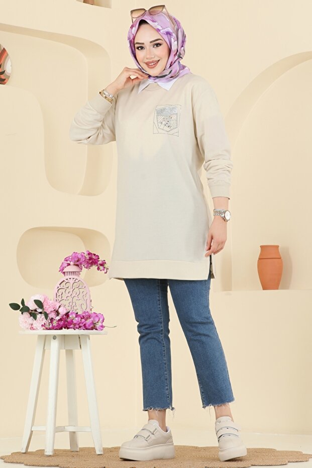 Aksesuar Cep İşlemeli Tunik 104OZN1046-MS Taş - 3