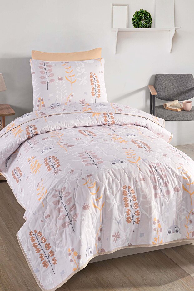 Yatak Örtüsü Seti Tek Kişilik Pamuklu 2 Parça – Cikcik Desen – Bej / Yumuşak Dokulu - 1