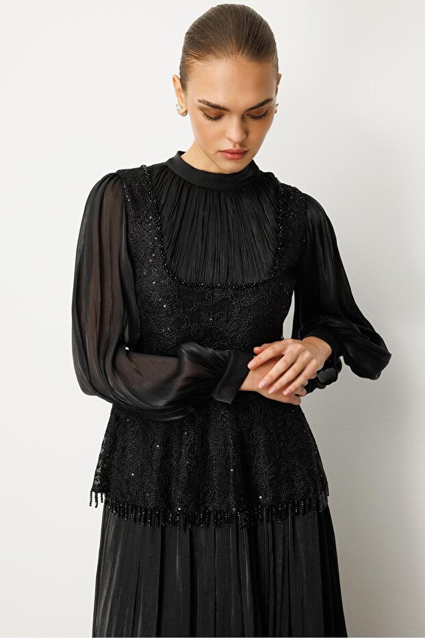 Drape İşlemeli Elbise SİYAH - 2