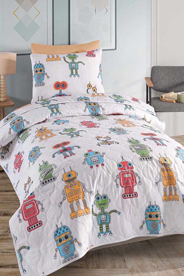 Yatak Örtüsü Seti Tek Kişilik Pamuklu 2 Parça – Roboti Desen – Beyaz / Yumuşak Dokulu - 1